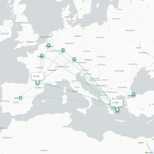Mapa de vuelo directo Toulouse - Atenas