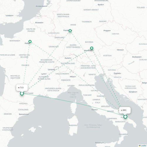 Mapa de vuelo directo Toulouse - Bari