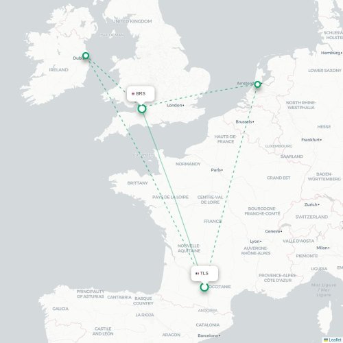 Mapa de vuelo directo Toulouse - Brístol