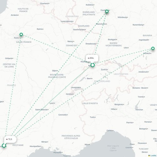 Mapa de vuelo directo Toulouse - Basilea, Suiza