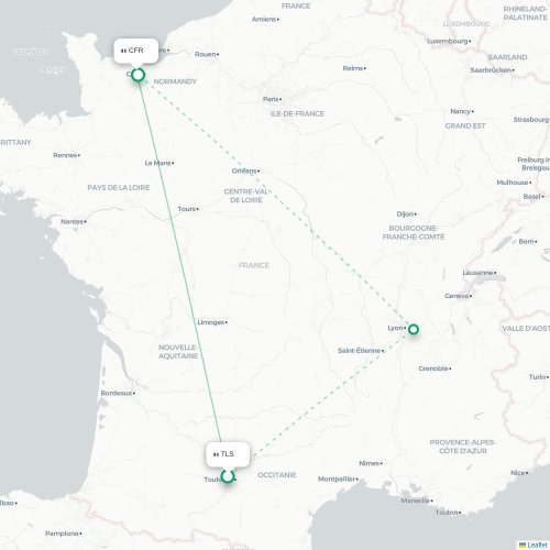 Mapa de vuelo directo Toulouse - Caen