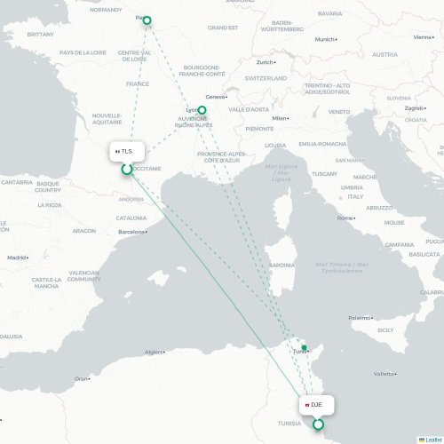 Mapa lotu bezpośredniego Tuluza – Houmt Souk