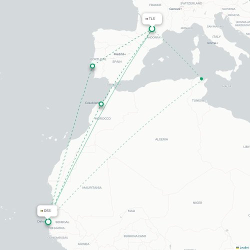 Toulouse - Dakar kaart van rechtstreekse vlucht