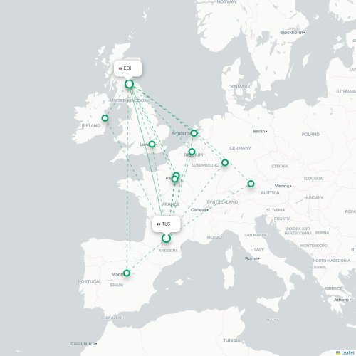 Mapa de vuelo directo Toulouse - Edimburgo