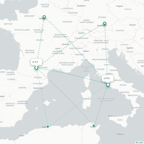Mapa de vuelo directo Toulouse - Roma