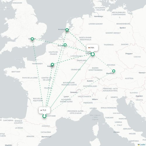 Mapa de vuelo directo Toulouse - Fráncfort
