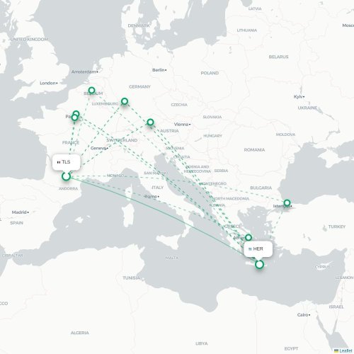 Mapa de vuelo directo Toulouse - Heraclión