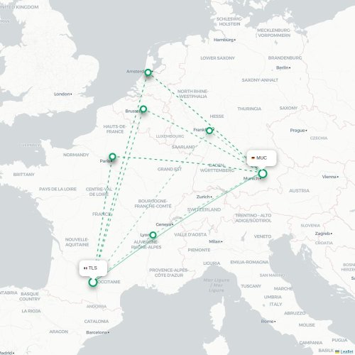Mapa de vuelo directo Toulouse - Múnich