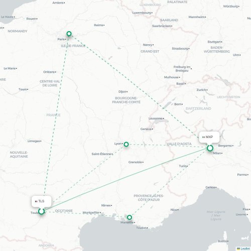 Mapa de vuelo directo Toulouse - Milán