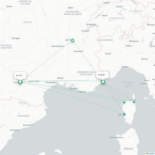 Mapa lotu bezpośredniego Tuluza – Nicea