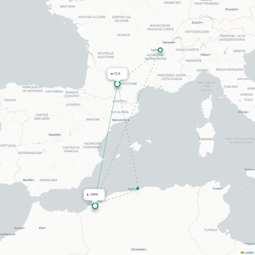 Toulouse - Oran kaart van rechtstreekse vlucht