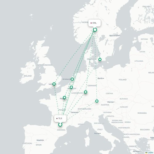 Mapa de vuelo directo Toulouse - Oslo