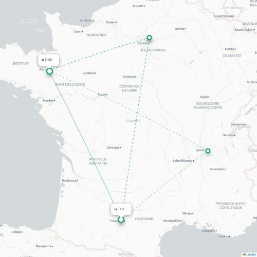 Mapa lotu bezpośredniego Tuluza – Rennes