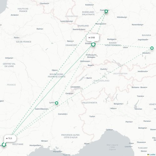 Mapa de vuelo directo Toulouse - Estrasburgo