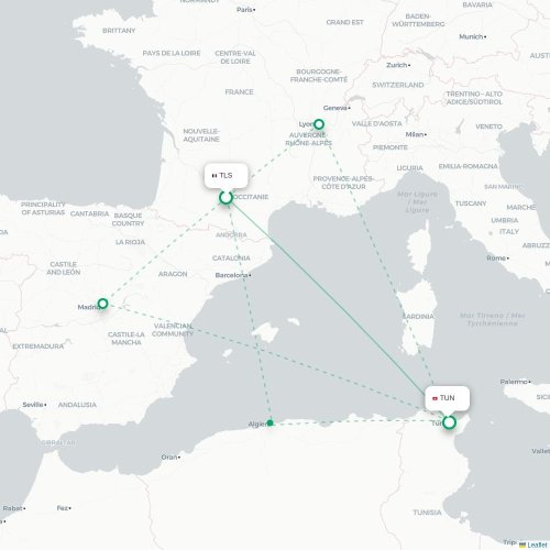 Mapa lotu bezpośredniego Tuluza – Tunis