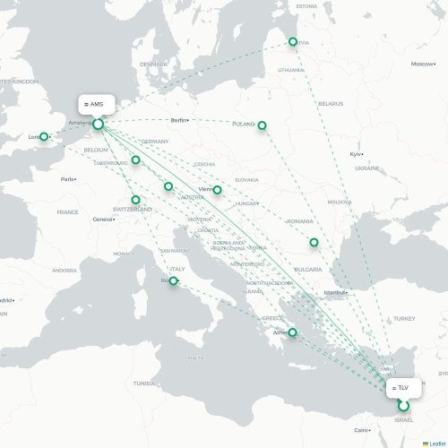 Mapa lotu bezpośredniego Tel Awiw – Amsterdam