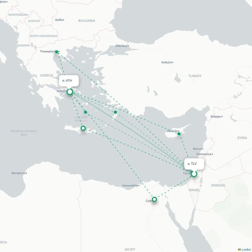 Mapa lotu bezpośredniego Tel Awiw – Ateny