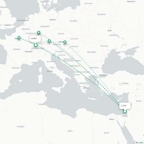 Mapa lotu bezpośredniego Tel Awiw – Bazylea, Szwajcaria