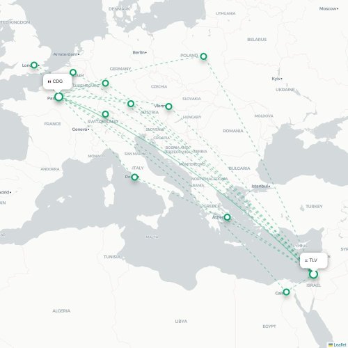 Mapa lotu bezpośredniego Tel Awiw – Paryż