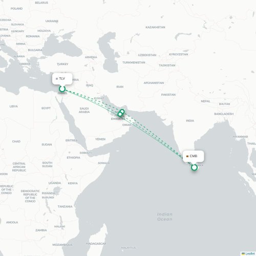 Mapa de vuelo directo Tel Aviv - Colombo