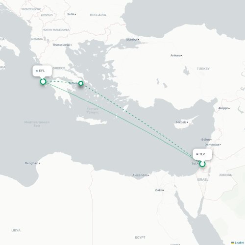 Mapa lotu bezpośredniego Tel Awiw – Argostoli