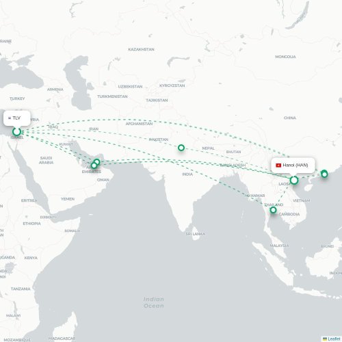Mapa lotu bezpośredniego Tel Awiw – Hanoi