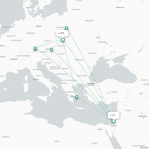 Mapa lotu bezpośredniego Tel Awiw – Kraków