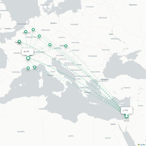 Mapa lotu bezpośredniego Tel Awiw – Lyon