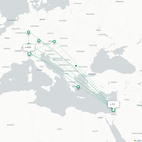 Mapa lotu bezpośredniego Tel Awiw – Mediolan