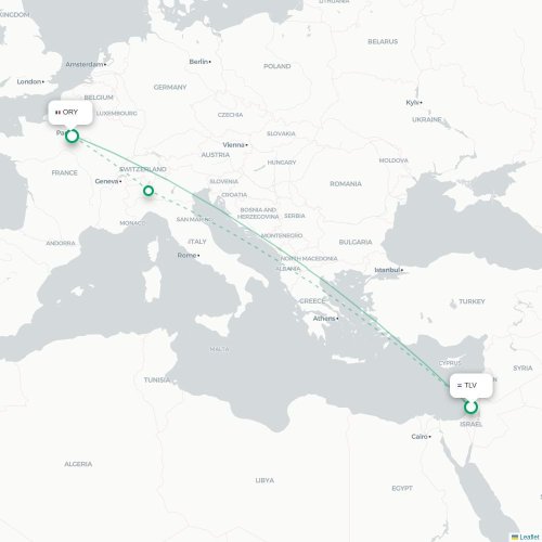 Mapa lotu bezpośredniego Tel Awiw – Paryż
