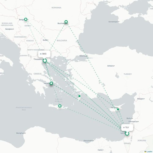 Mapa lotu bezpośredniego Tel Awiw – Saloniki