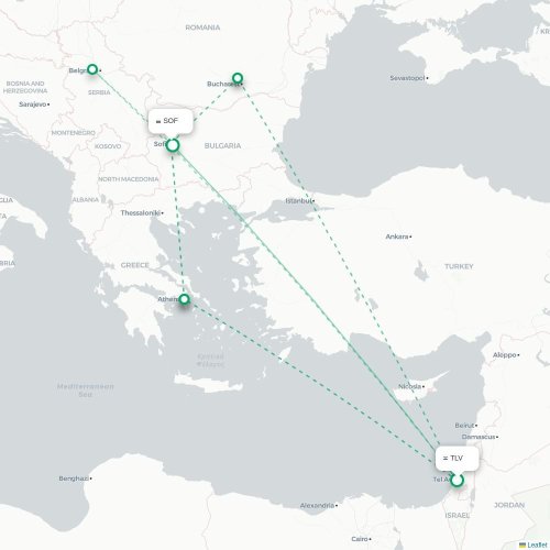 Mapa lotu bezpośredniego Tel Awiw – Sofia