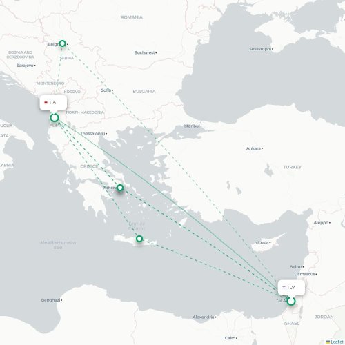 Mapa lotu bezpośredniego Tel Awiw – Tirana