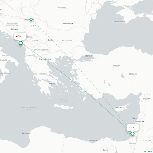 Mapa lotu bezpośredniego Tel Awiw – Tivat