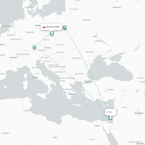 Mapa lotu bezpośredniego Tel Awiw – Wrocław