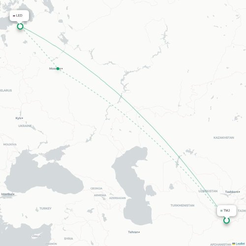 Mapa de vuelo directo Termez - San Petersburgo
