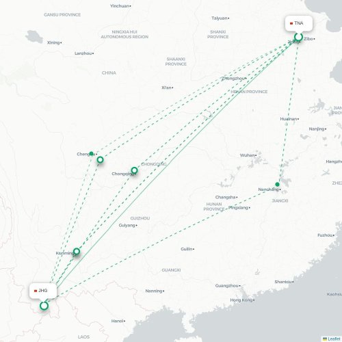 Mapa lotu bezpośredniego Jinan – Xishuangbanna
