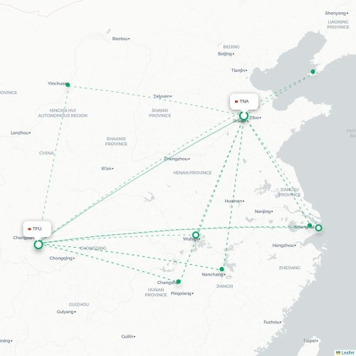 Mapa lotu bezpośredniego Jinan – Chengdu