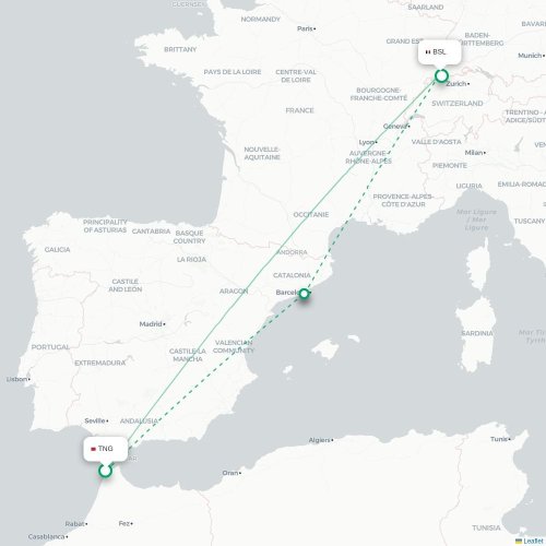 Mapa lotu bezpośredniego Tanger – Bazylea, Szwajcaria
