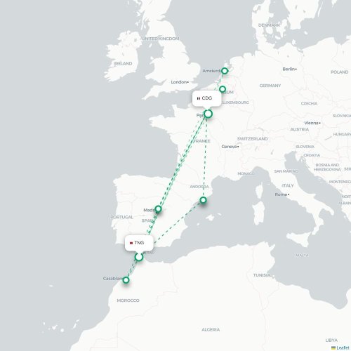 Mapa lotu bezpośredniego Tanger – Paryż