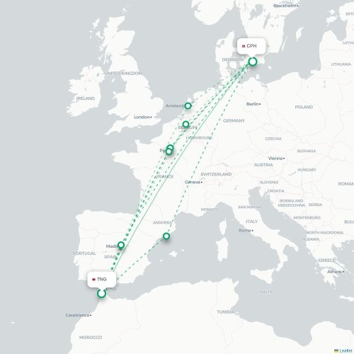 Mapa lotu bezpośredniego Tanger – Kopenhaga