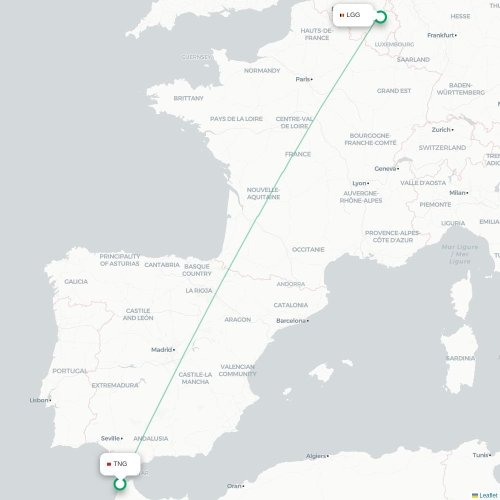 Mapa lotu bezpośredniego Tanger – Liège