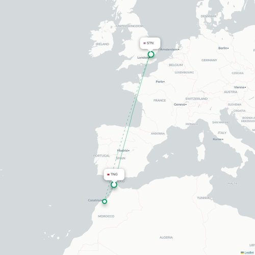 Mapa de vuelo directo Tánger - Londres