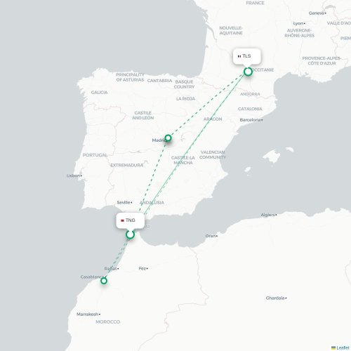 Mapa lotu bezpośredniego Tanger – Tuluza