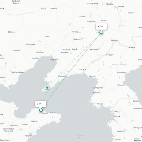 Mapa de vuelo directo Tonghua - Yantai