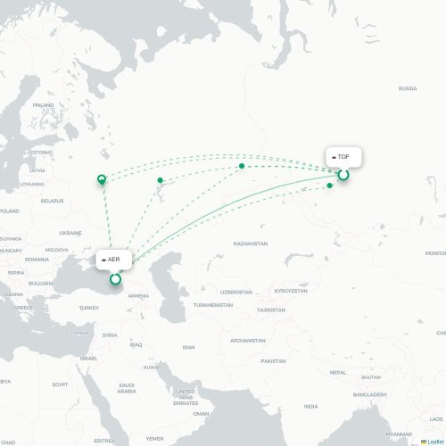 Mapa de vuelo directo Tomsk - Sochi