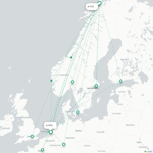 Mapa de vuelo directo Tromso - Ámsterdam