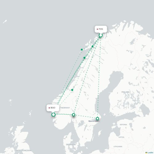 Mapa de vuelo directo Tromso - Bergen