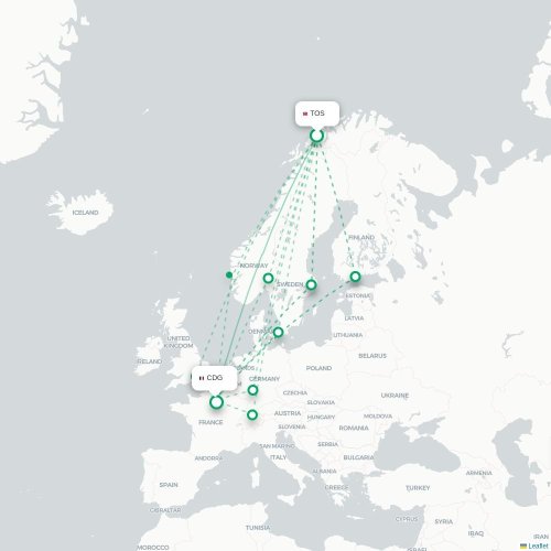 Mapa de vuelo directo Tromso - París