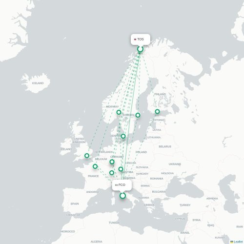 Mapa de vuelo directo Tromso - Roma
